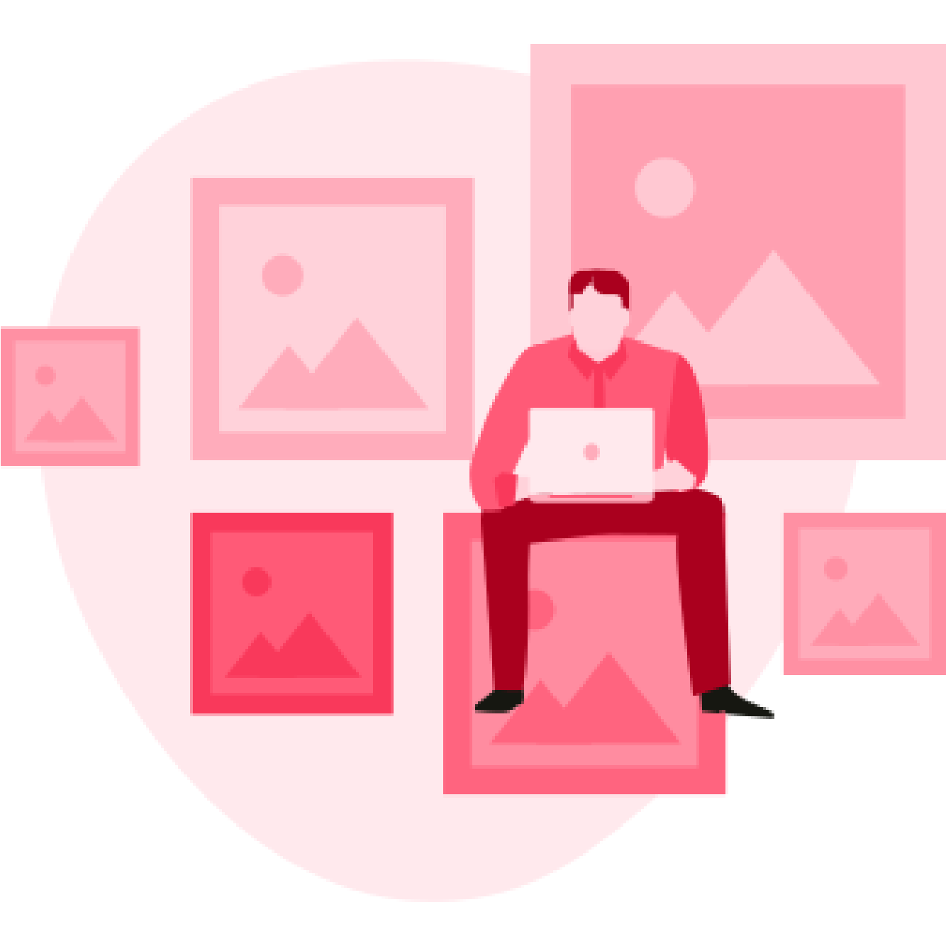 ilustracja zawieszonych na ścianie kilku obrazów, na jednym siedzi mężczyzna z laptopem