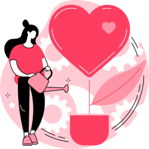 ilustracja kobiety z konewką i ogromnego serca, które wyrasta z doniczki